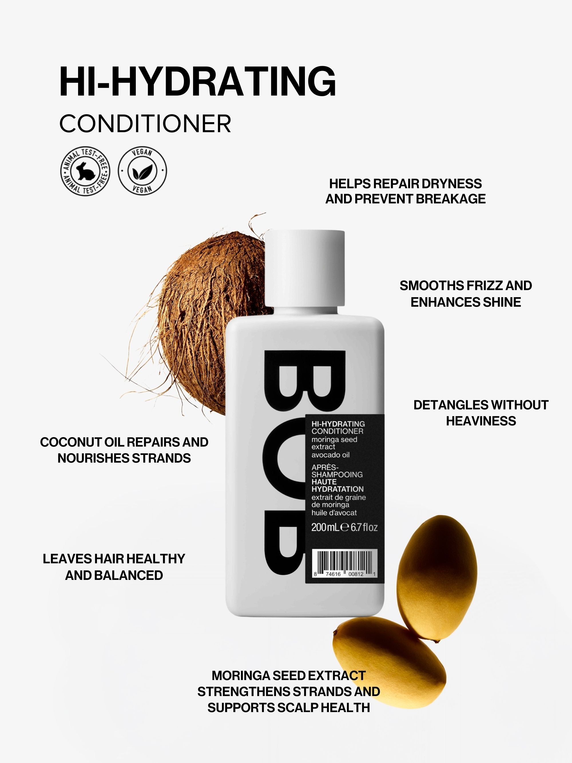  Hi-Hydrating Conditioner bottle with coconut and leaves on a white background